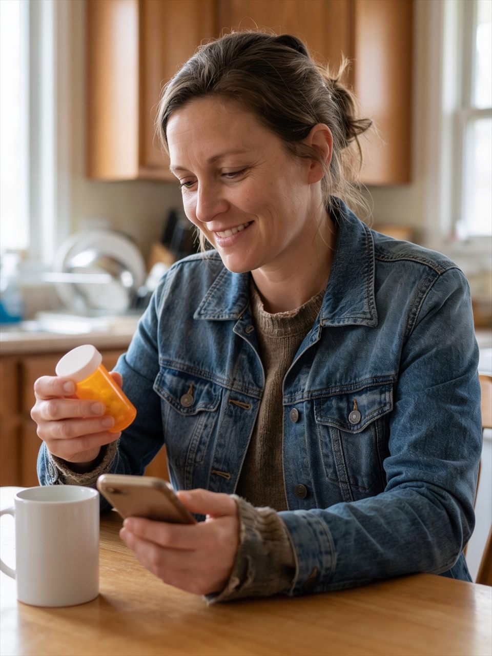Woman at her kitchen table holding a prescription medication bottle while using her phone