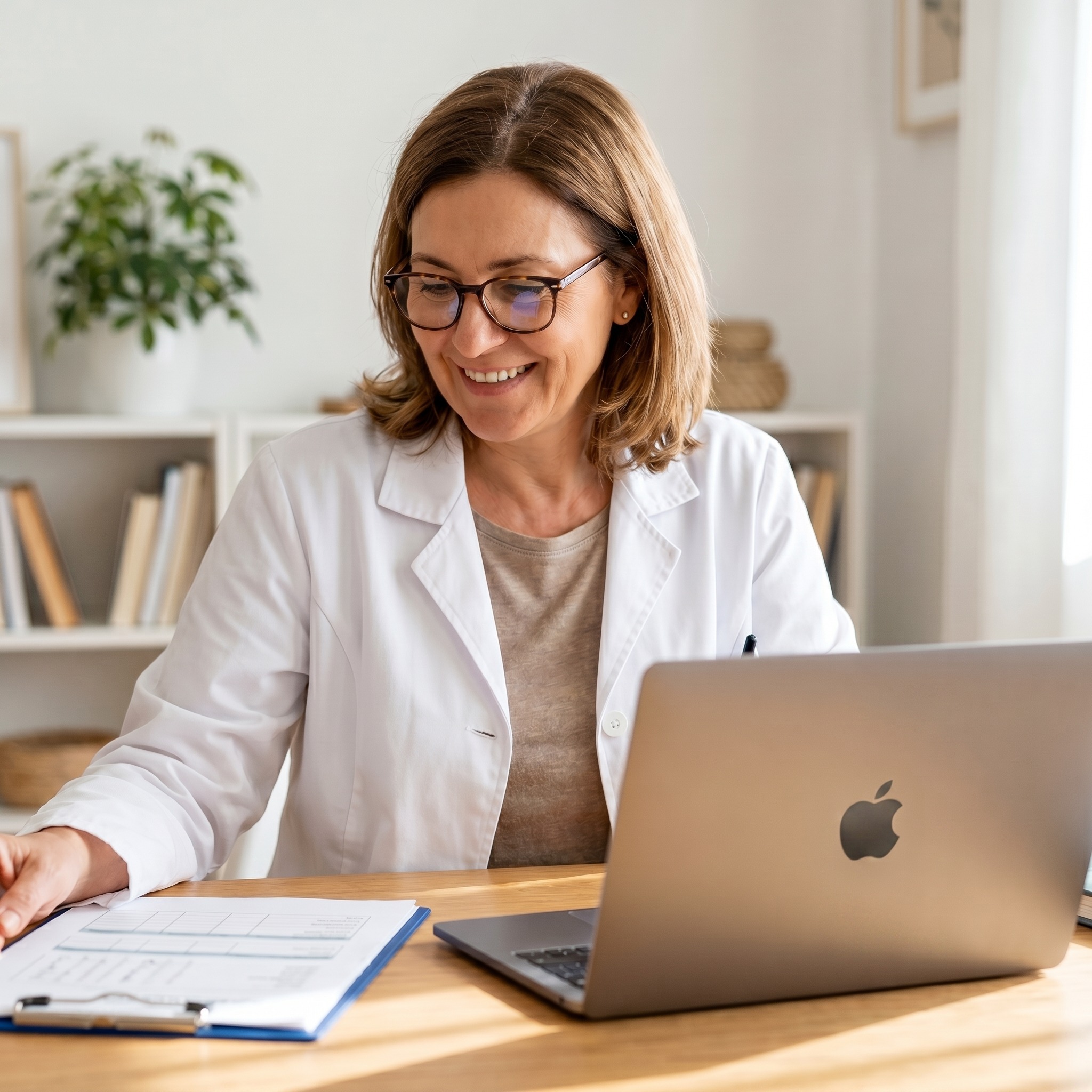 Provider reviewing medical documents and patient health data charts